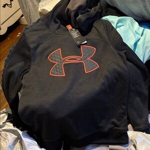 Under Armour Dark Hoodie with Vibrant Red Emblem